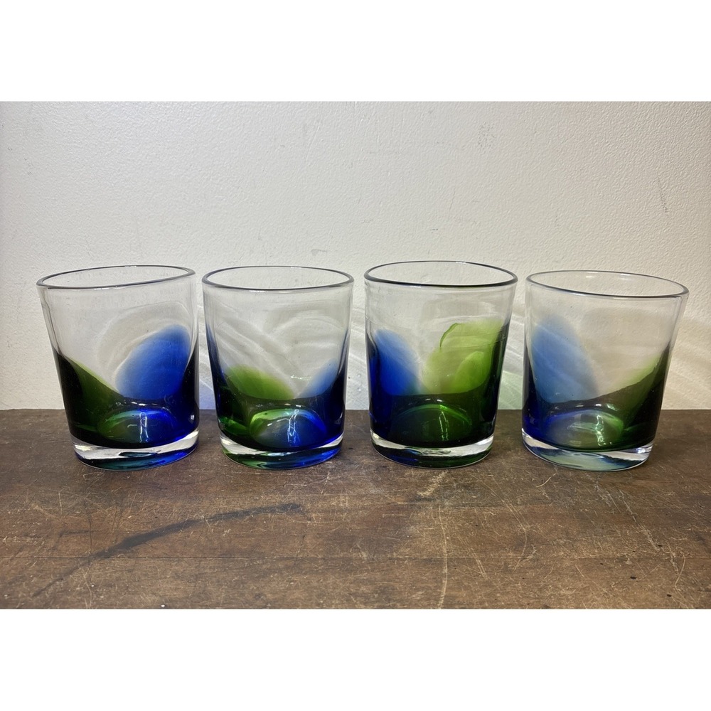 Set 4 Handblown Art Glass Blue Green Lowball Glasses  ~4" Heavy